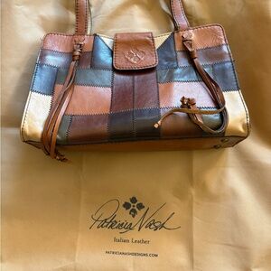 Patricia Nash Brown and Tan Patchwork Leather Shoulder Bag